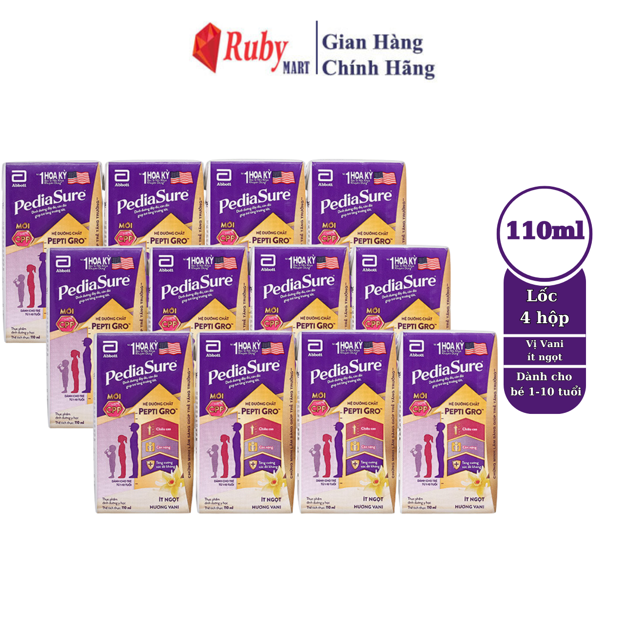 Combo 3 Lốc 4 hộp sữa nước PediaSure 110ml hương Vani ít ngọt