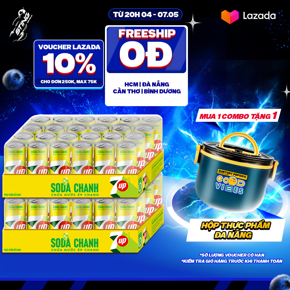 [SALE 5/5] Combo 2 Thùng 24 Lon Nước Uống Có Gaz 7UP Soda Chanh Không Calo (320ml/lon)