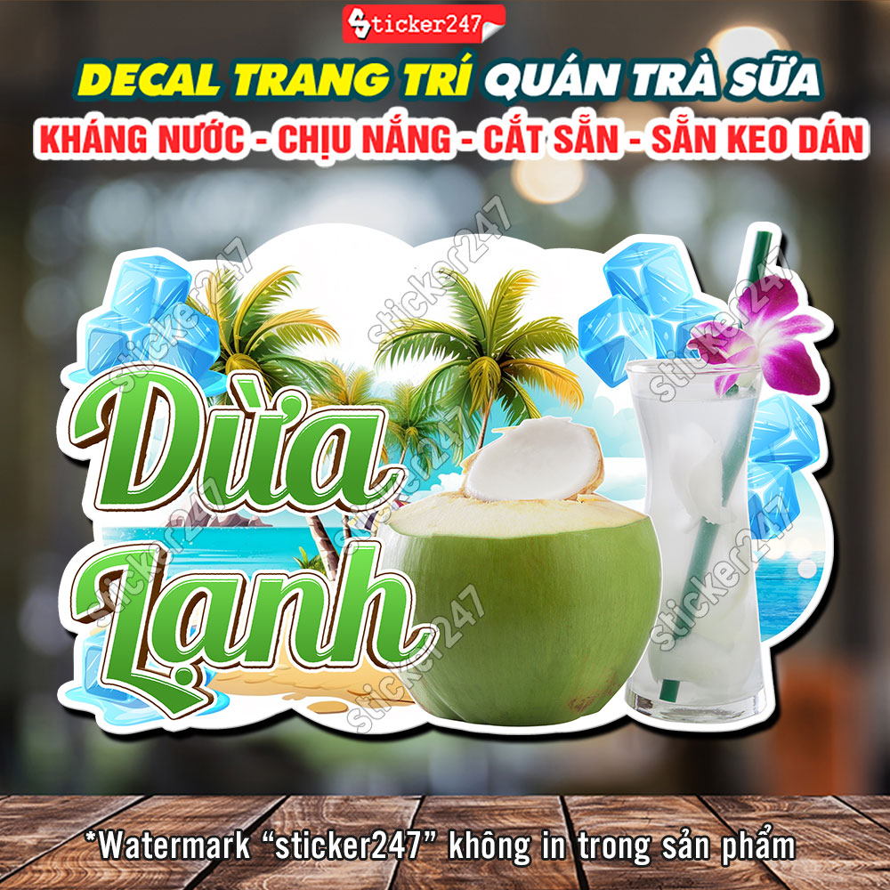 Decal Dừa Lạnh trang trí quán – Sticker Dừa Lạnh  Decal dán tường tủ kính quầy xe trà sữa xe cà phê - F48-15