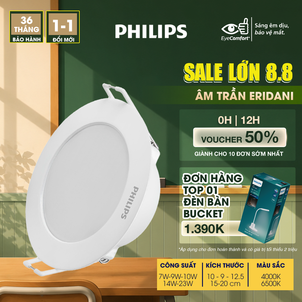 Đèn LED âm trần PHILIPS Eridani hiệu suất ánh sáng cao - Công suất (7W 9W 10W 14W. 23W)