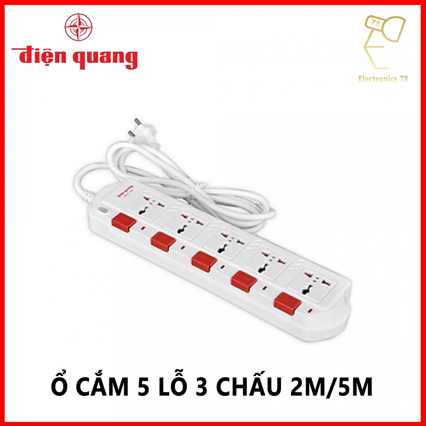 Ổ cắm cao cấp 5 lỗ - 3 chấu có công tắc Điện Quang (dây 2M - 5M)