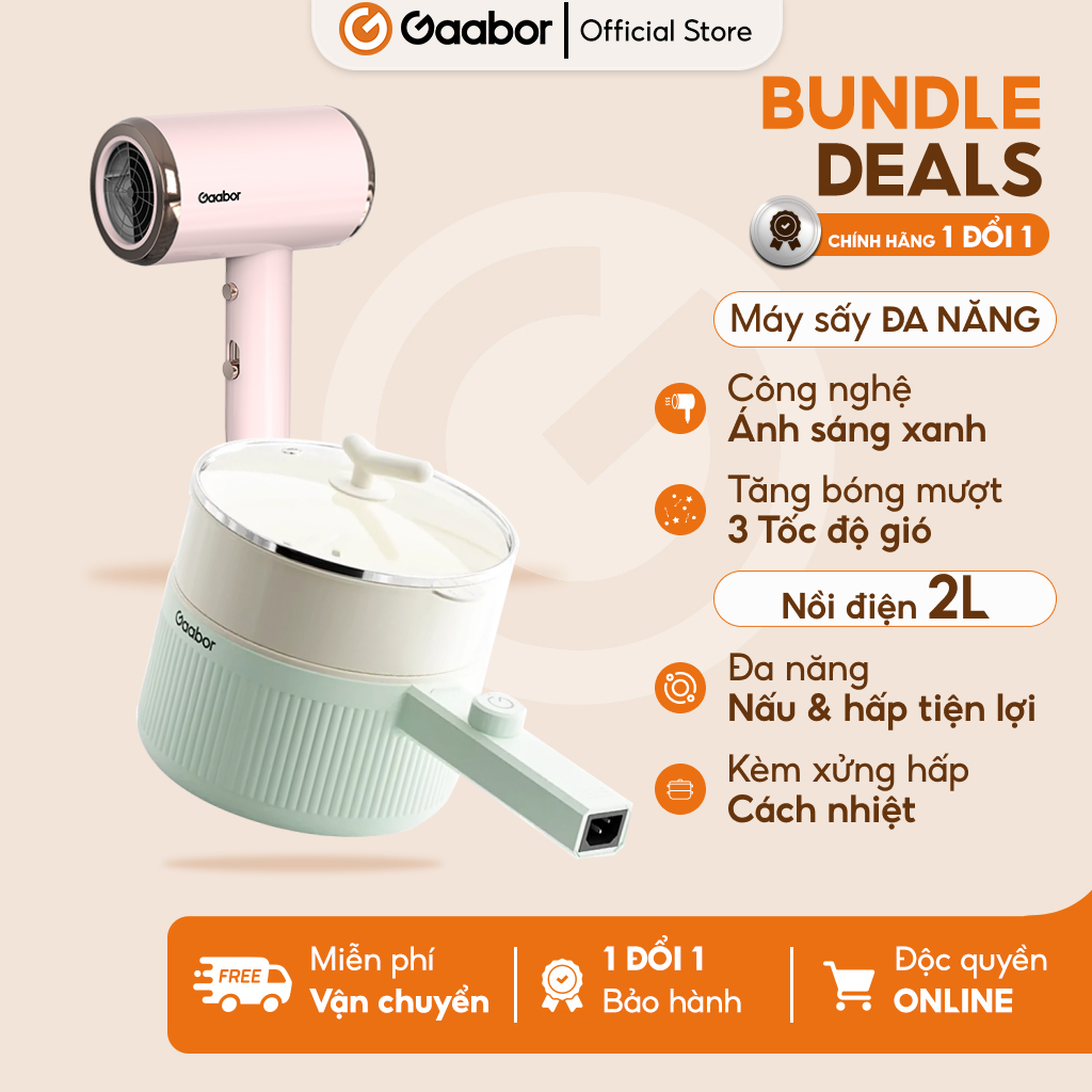 Combo nồi lẩu điện đa năng 2L và máy sấy tóc Gaabor công suất 600W nồi lẩu hấp điện đa năng vân đá c