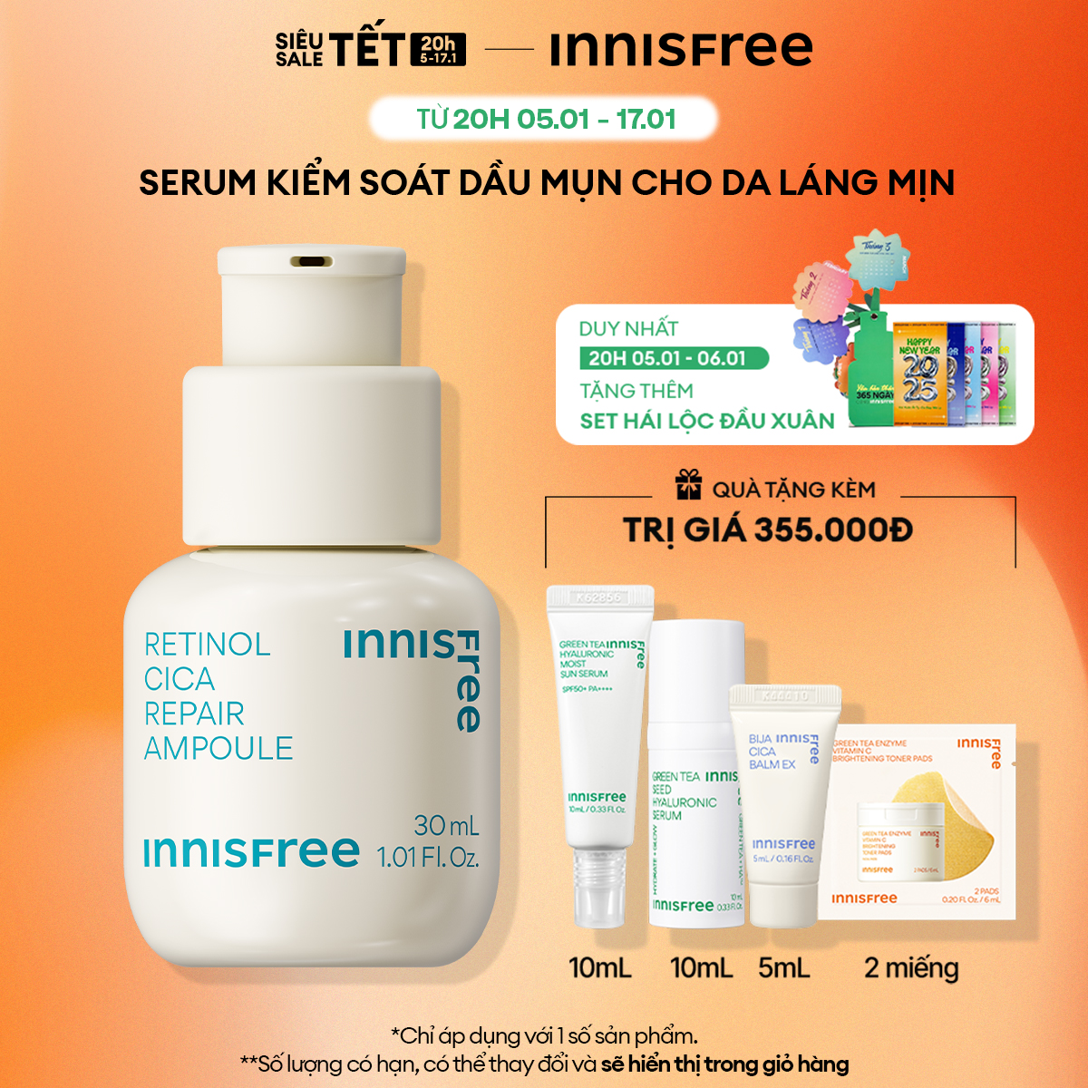 Serum kiểm soát dầu mụn cho da láng mịn INNISFREE Retinol Cica Repair Ampoule