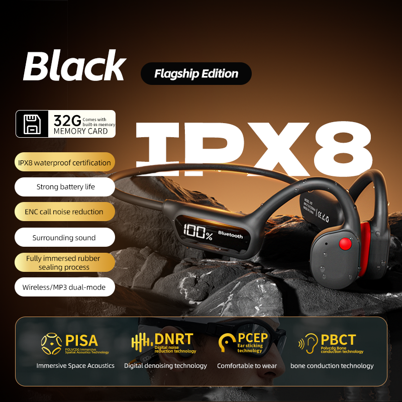 POLVCDG X10 - Tai nghe dẫn truyền xương chống nước IPX8, màn hình LED, 32GB bộ nhớ trong, màu Đen/Đỏ