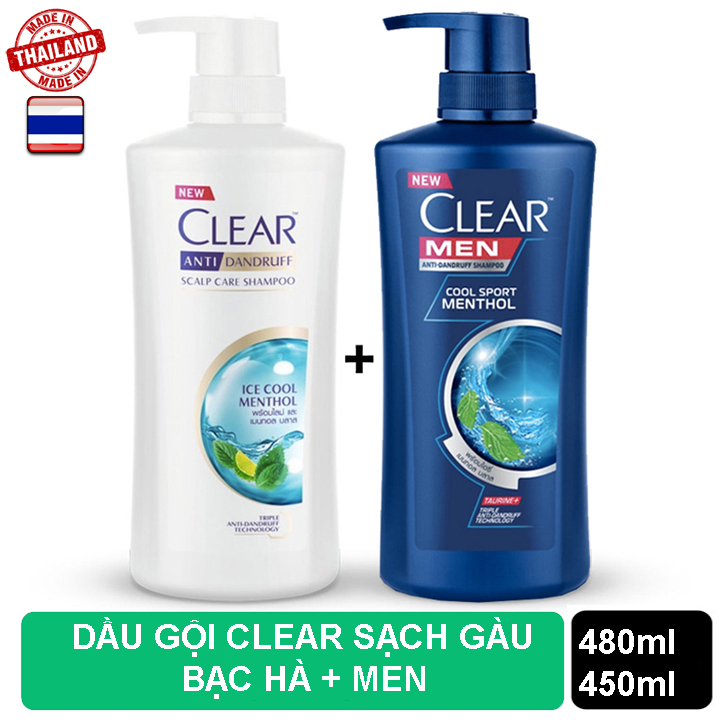 2 CHAI DẦU GỘI CLEAR BẠC HÀ 480ml VÀ CLEAR MEN 450ml - THÁI LAN
