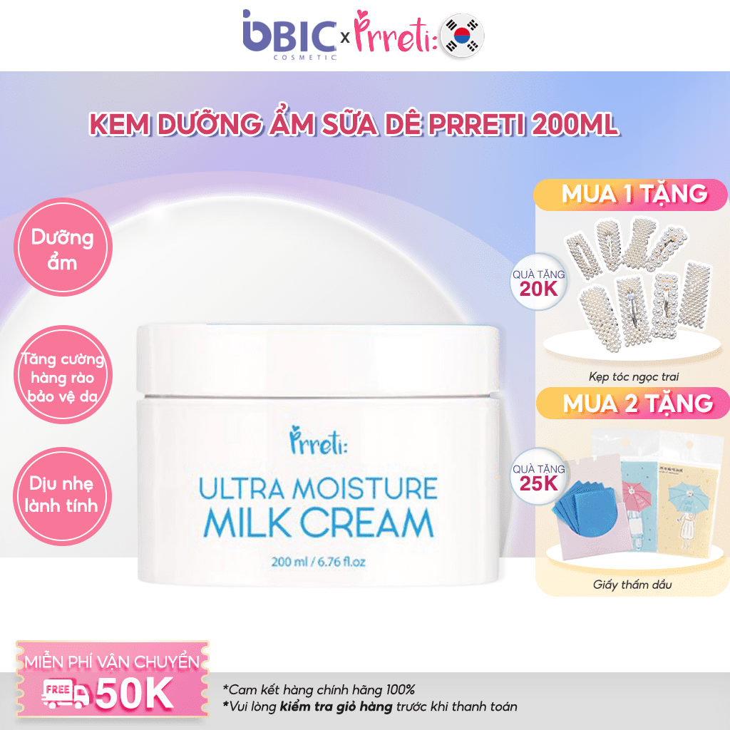 Kem dưỡng ẩm Prreti Ultra Moisture Milk Cream sữa dê giúp bảo vệ chăm sóc da nhạy cảm với thành phần tự nhiên lành tính không gây kích ứng hộp 200ml BIC Cosmetic