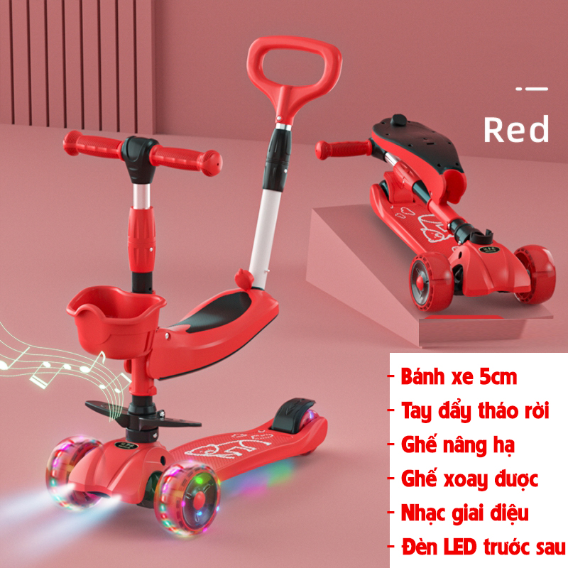 [HCM]{Tay lái và ghế nâng hạ độ cao} Xe trượt scooter cao cấp cho bé YOYO 3 bánh tự cân bằng ghế gấp gọn có nhạc và đèn chiếu sáng kèm TAY ĐẨY