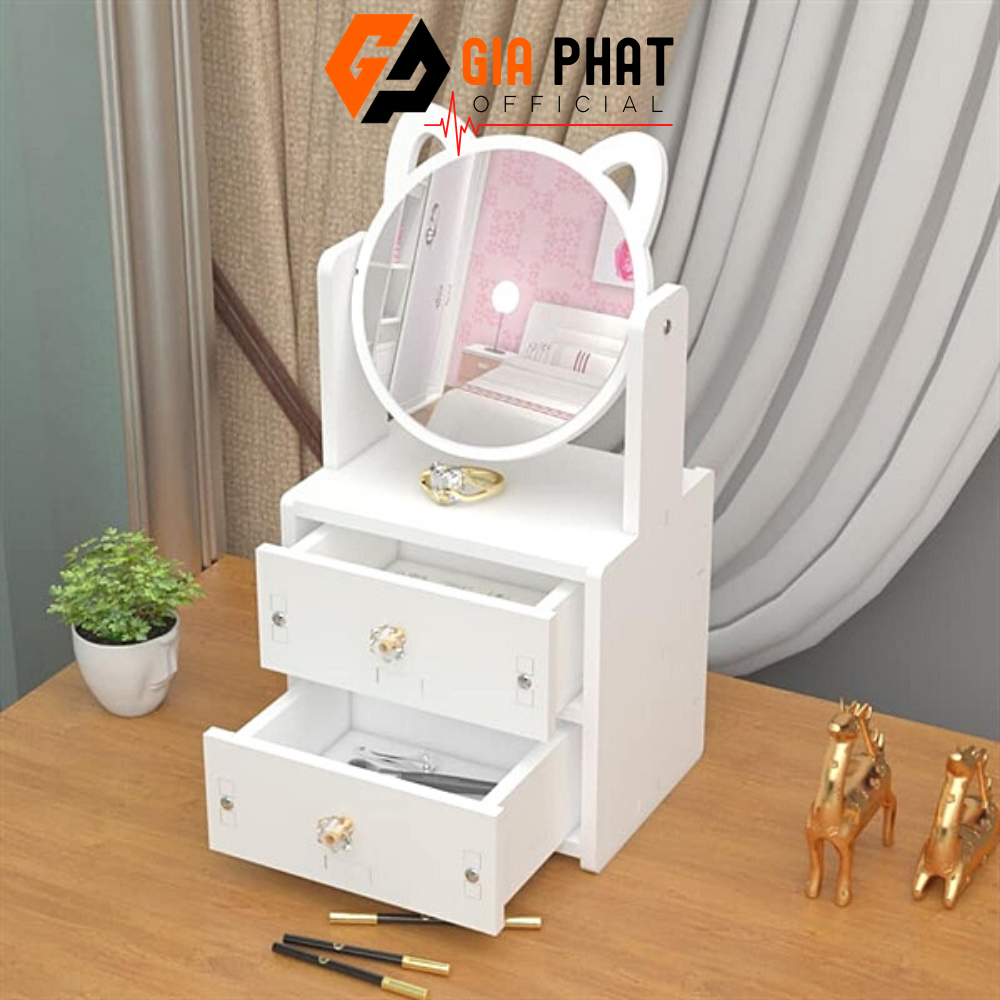 Kệ đựng mỹ phẩm 2 tầng có gương – Tủ đựng đồ trang điểm mini có ngăn kéo tiện dụng