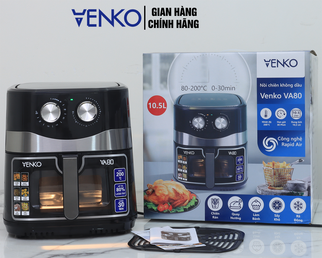 [ Bảo Hành Chính Hãng 2 Năm ] Nồi chiên không dầu Venko Dung Tích 10.5 Lít - Công Suất 1800W - Hàng 