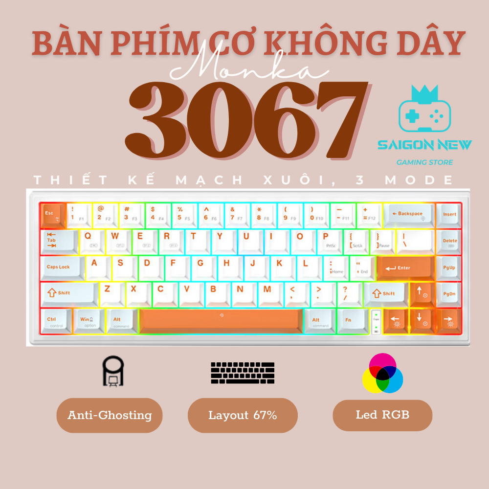 Bàn phím cơ không dây Monka 3067 version 2 pro - Hỗ trợ hotswap - LED RGB nhiều chế độ - Mạch xuôi