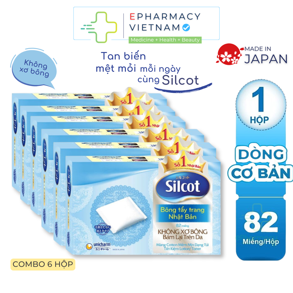 Bông tẩy trang Silcot Nhật Bản Hộp 82 miếng - Bông Silcot Unicharm ePharmacy