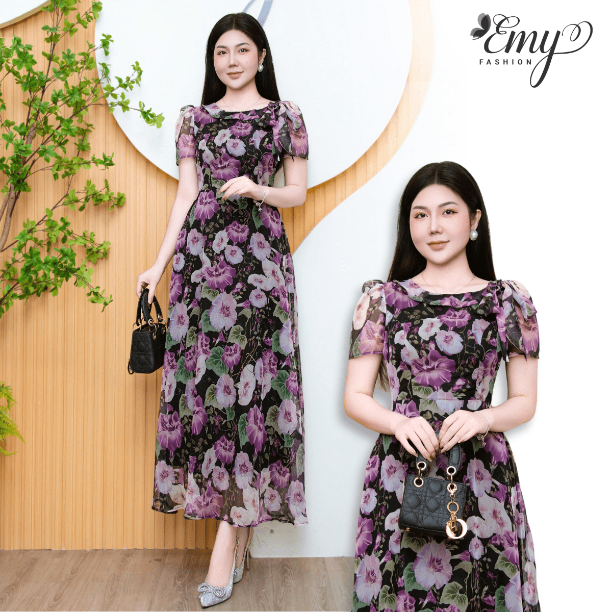 Đầm Xòe Dạo Phố Vải Voan Tơ Hoa Nền Đen Hoa Tím EM9611 - Váy EMY
