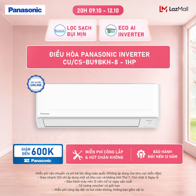 Điều hòa Panasonic Inverter CU/CS-BU9BKH-8 - 1HP - Một chiều - Lọc sạch không khí nanoeG - Tiết kiệm điện AI ECO