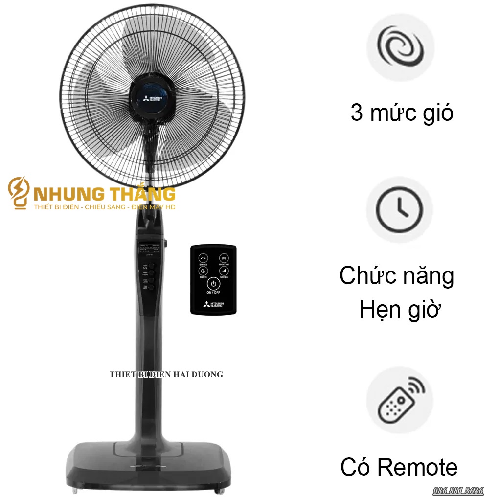 Quạt cây Mitsubishi LV16-RB CY-GY (Xám) - Có điều khiển từ xa -3 chế độ gió - Công suất 47w - Bảo hà