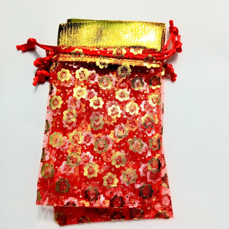 5 Túi voan đỏ kích thước 9x15cm có dây rút tiện lợi đựng gạo muối trang sức đem may mắn tài lộc bình an