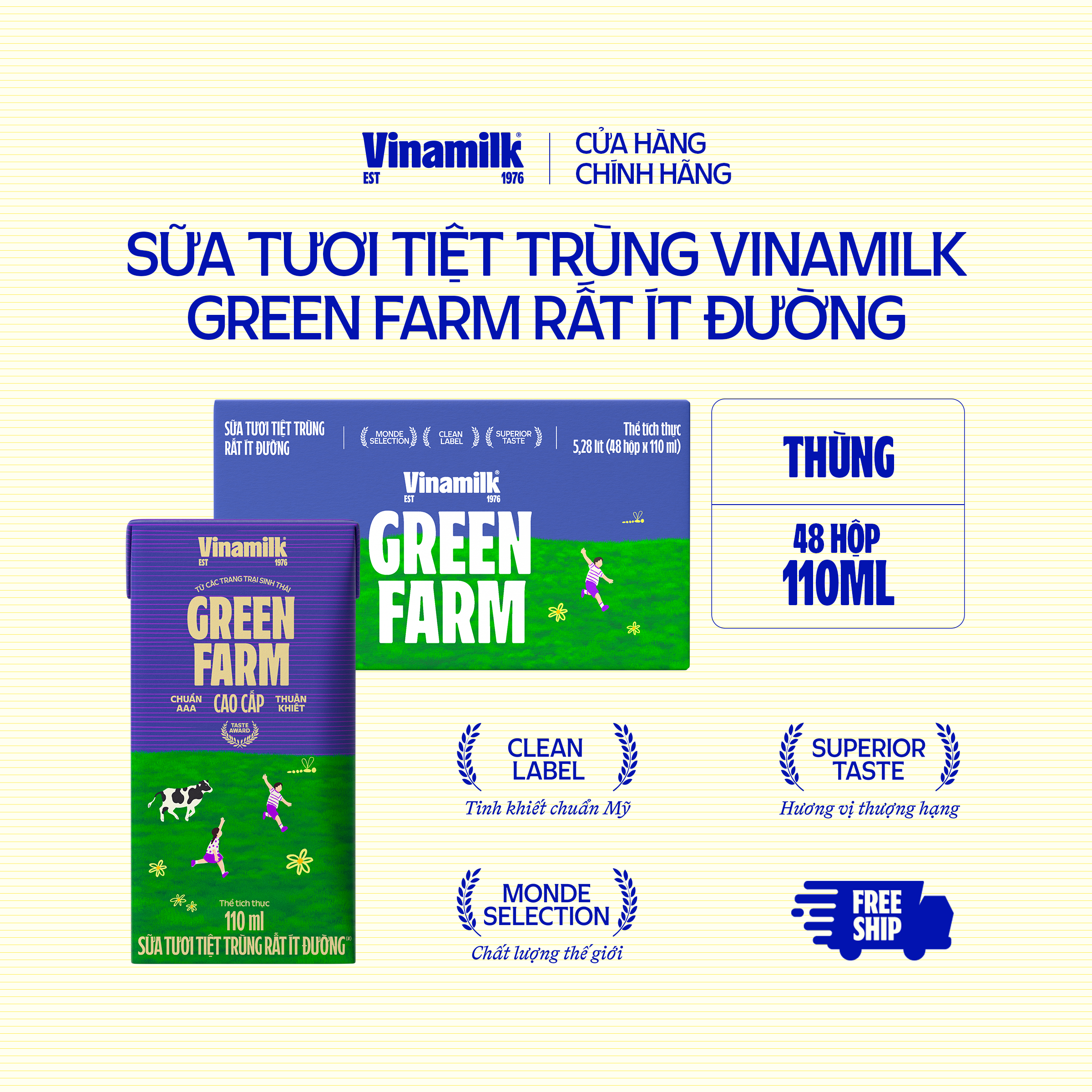 2 Thùng Sữa Tươi Tiệt Trùng Vinamilk Green Farm ít đường 110ml 48 hộp/thùng