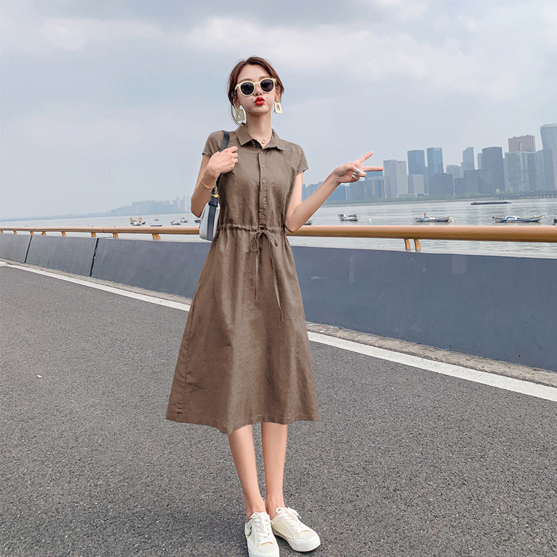 Đầm suông linen tay hết rút eo trẻ trung chất vải linen mềm mát thời trang phong cách Nhật Bản