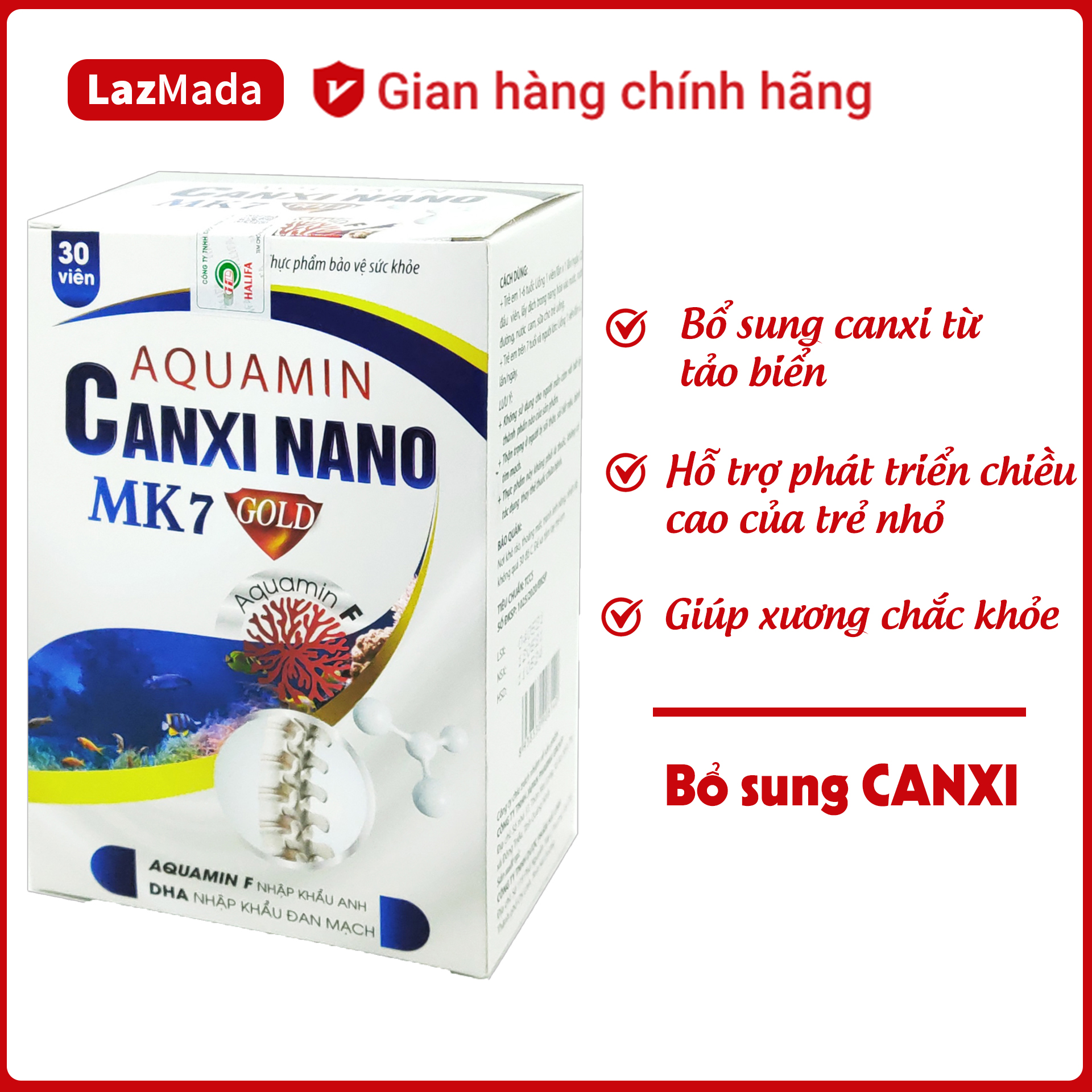 Viên uống AQUAMIN CANXI NANO MK7 Gold - Bổ sung Canxi từ tảo biển đỏ an toàn cho trẻ nhỏ từ 1 tuổi - Hộp 30 viên - LazMada Pharmacy
