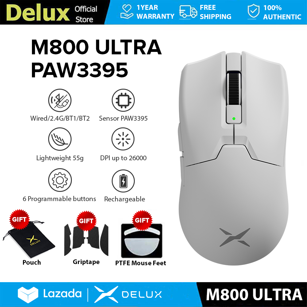 Delux M800 Ultra Chuột chơi game PAW3395 DPI MAX 26000 Có dây 2.4G Bluetooth không dây có thể sạc lạ