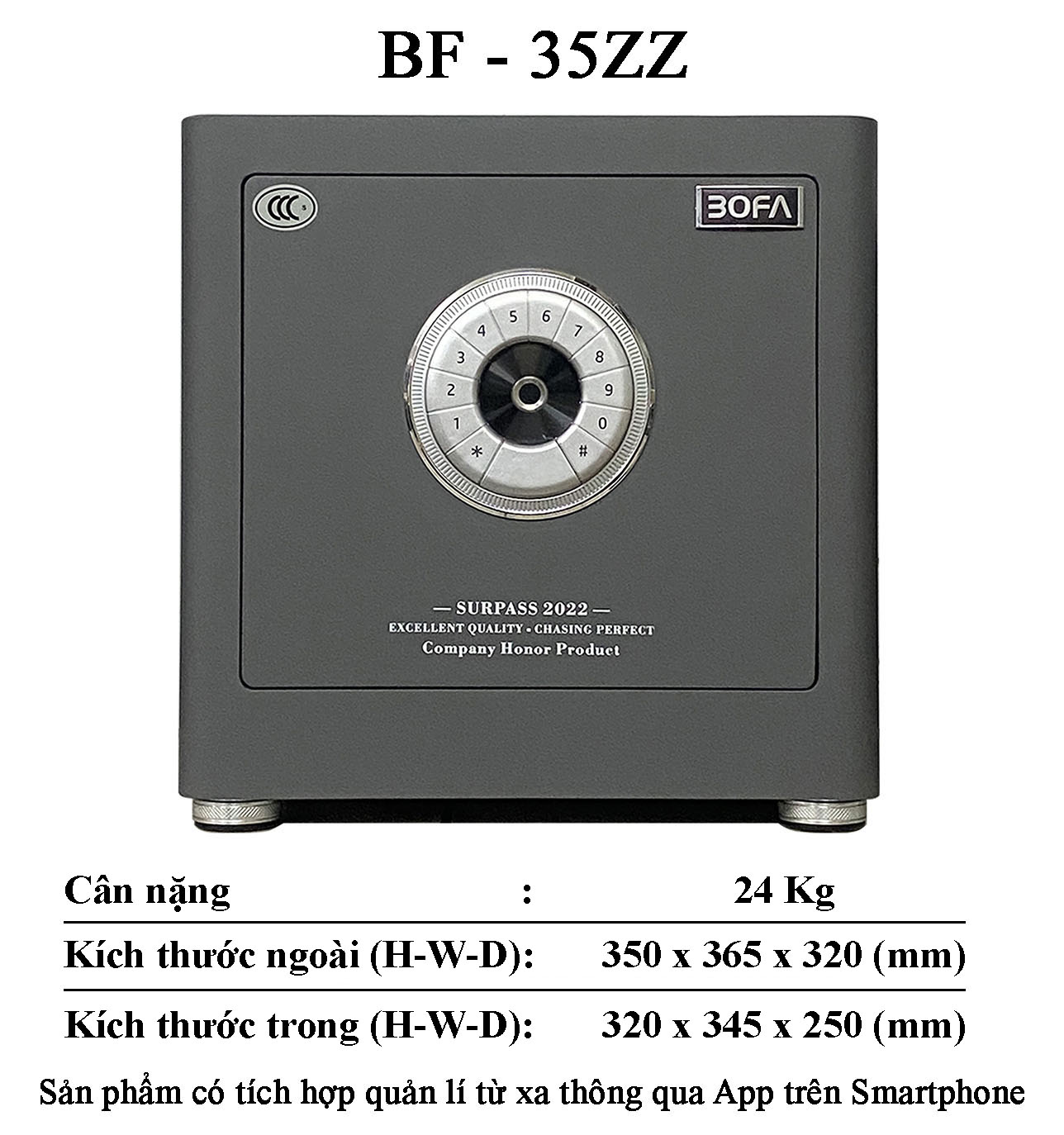 Két sắt thông minh BOFA BF-45ZZ - Kích thước 450x380x320mm, màu xám, thép không gỉ