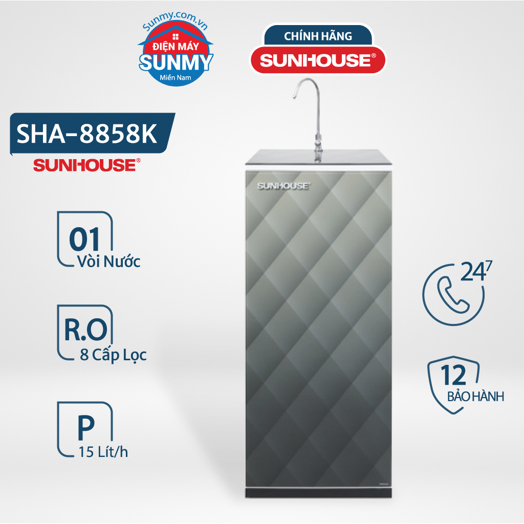 Máy lọc nước RO Sunhouse SHA8858K 8 lõi cao cấp  máy lọc nước sunhouse 8 lõi - Bảo hành chính hãng toàn quốc 12 tháng Hàng trưng bày thanh lý
