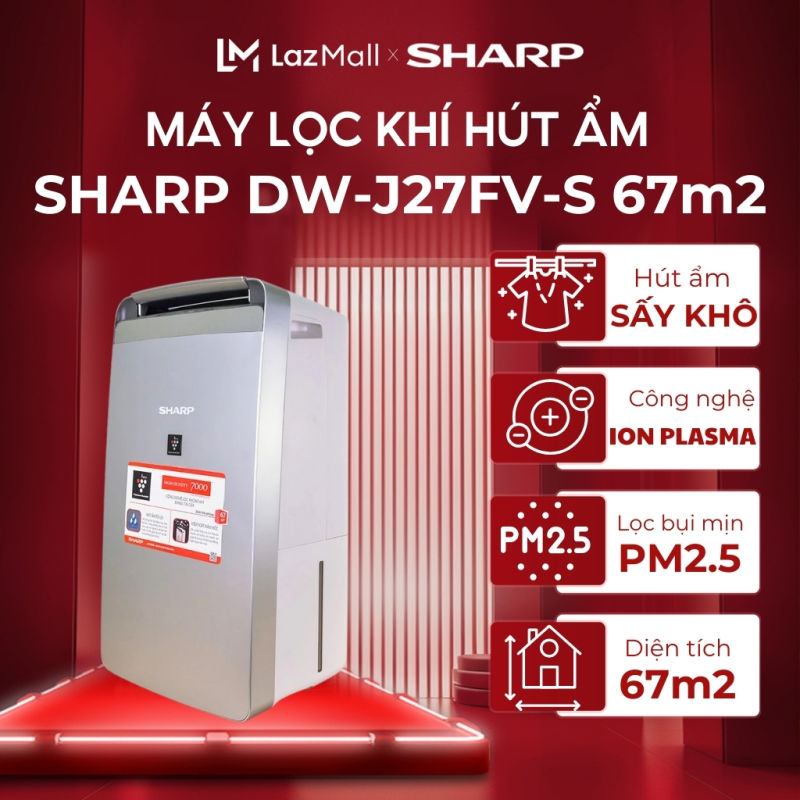 Máy lọc không khí tạo ion hút ẩm Sharp DW-J27FV-S loại bỏ bụi mịn vi khuẩn ẩm mốc khử mùi hôi Công nghệ J-Tech Inverter