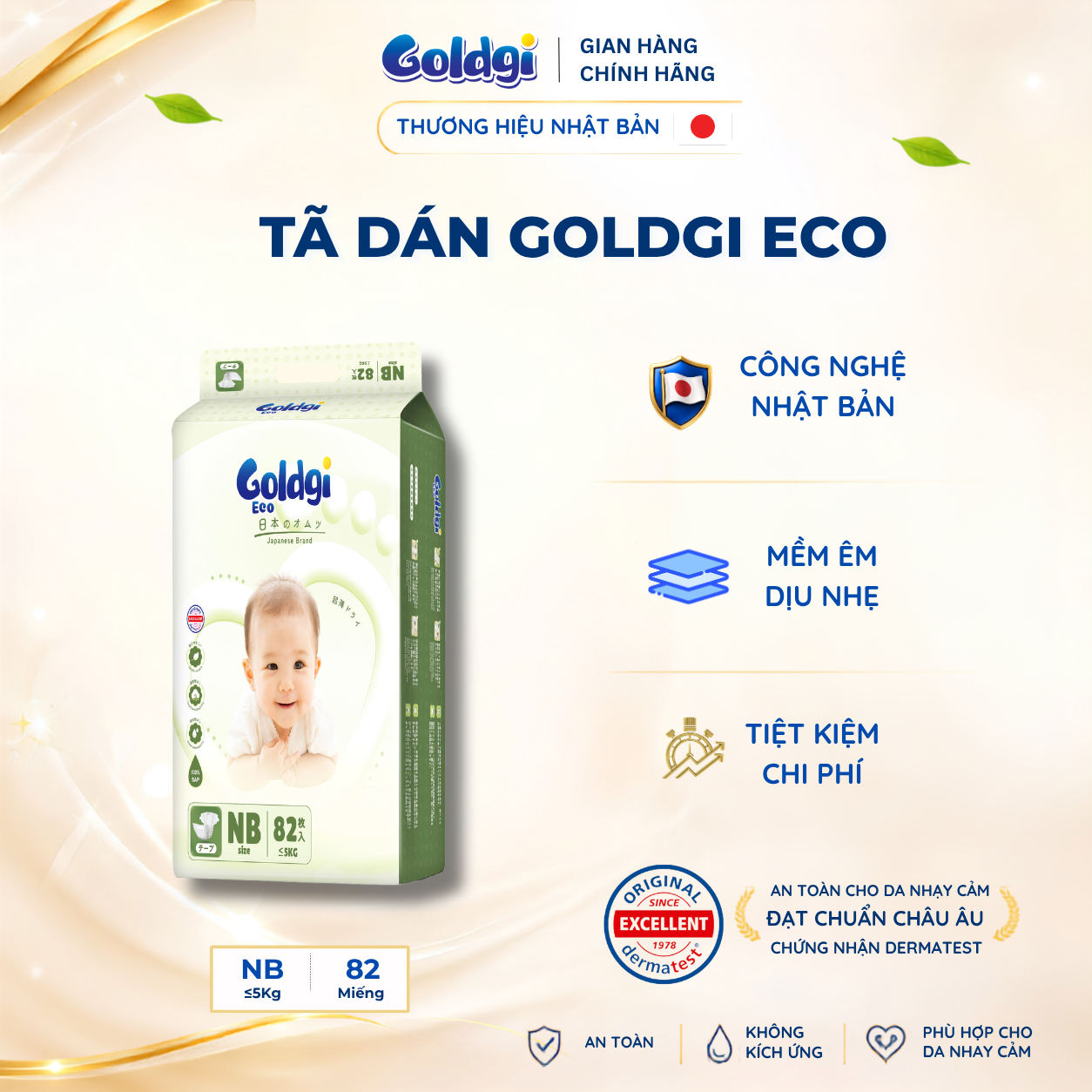 Tã dán Goldgi Eco New mỏng nhẹ siêu khô thoáng tiết kiệm cho mẹ bảo vệ bé mỗi ngày đủ size