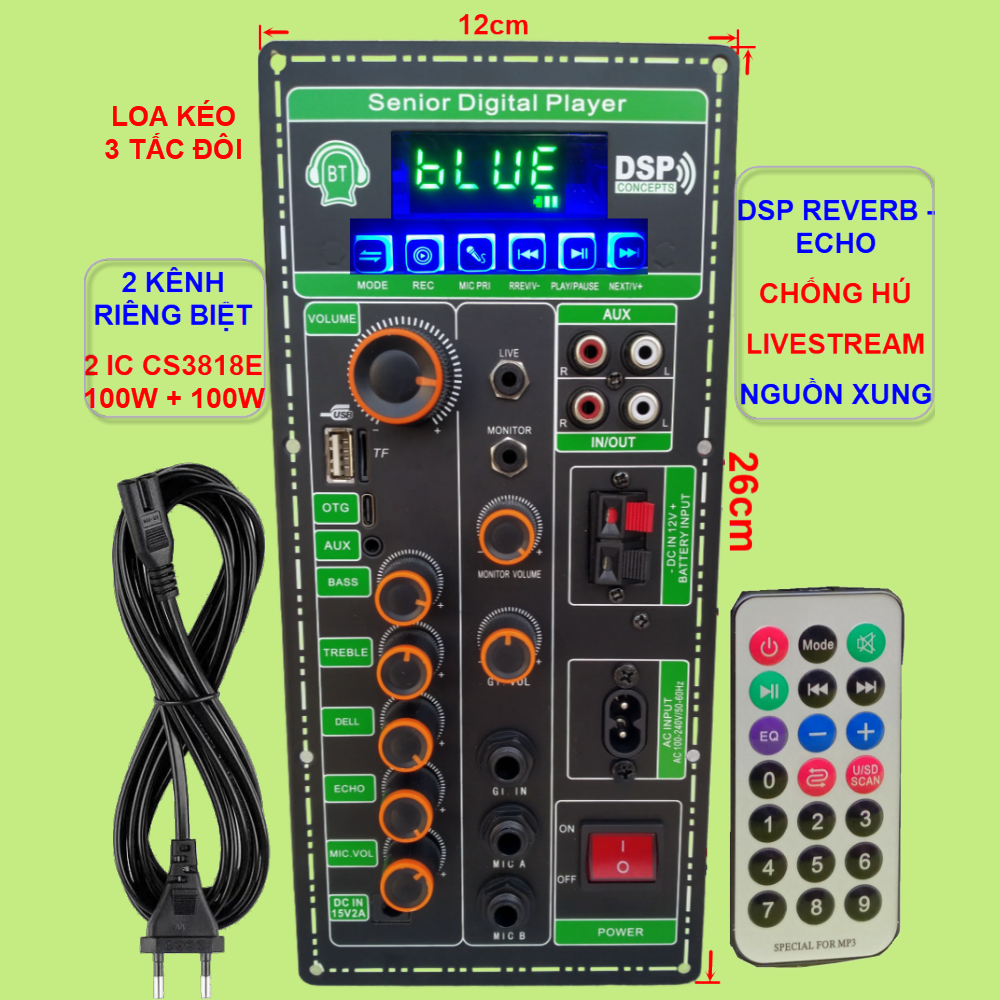 Mạch loa kéo 2 kênh Livestream DSP Reverb – Echo Chống hú 2 IC CS3818E 100W + 100W – Loa kéo 3 tấc đôi