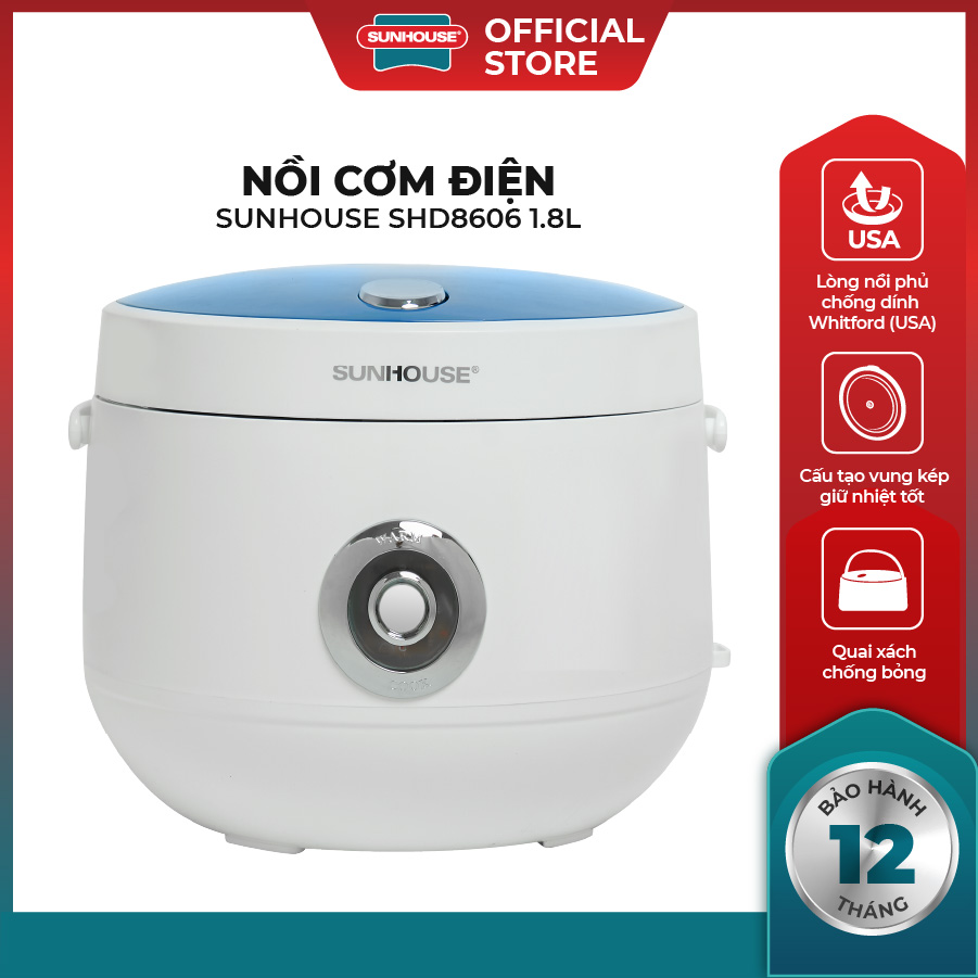 Nồi cơm điện SUNHOUSE SHD8606 - Dung tích 1.8L - Công suất 700W - Phủ chống dính Whitford (USA) - Th