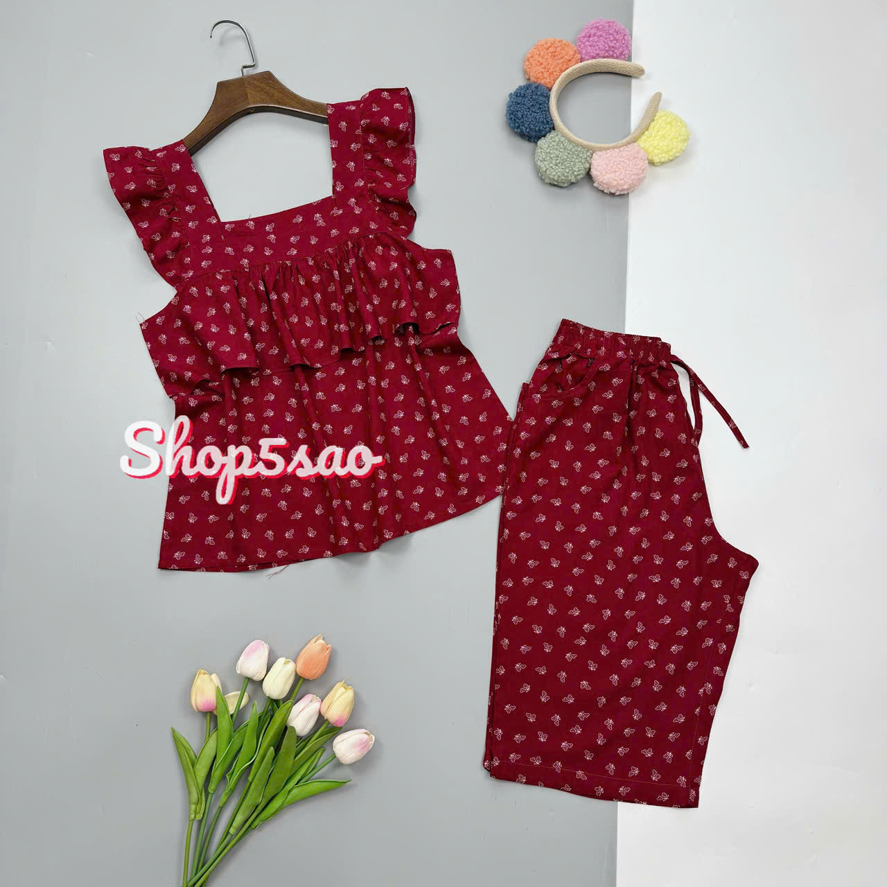 [HCM] Đồ bộ tole lanh nữ mặc nhà đồ bộ lửng 2 dây bèo ngực SHOP5SAO (43-75kg)