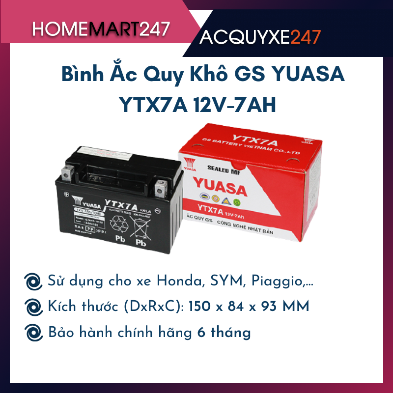 BÌNH ẮC QUY XE MÁY GS YUASA YTX7A 12V-7AH - HÀNG CHÍNH HÃNG MỚI 100%