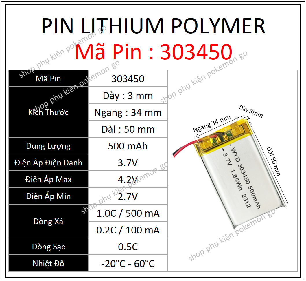 Pin Lithium - Ion 3.7V 303450 500mah