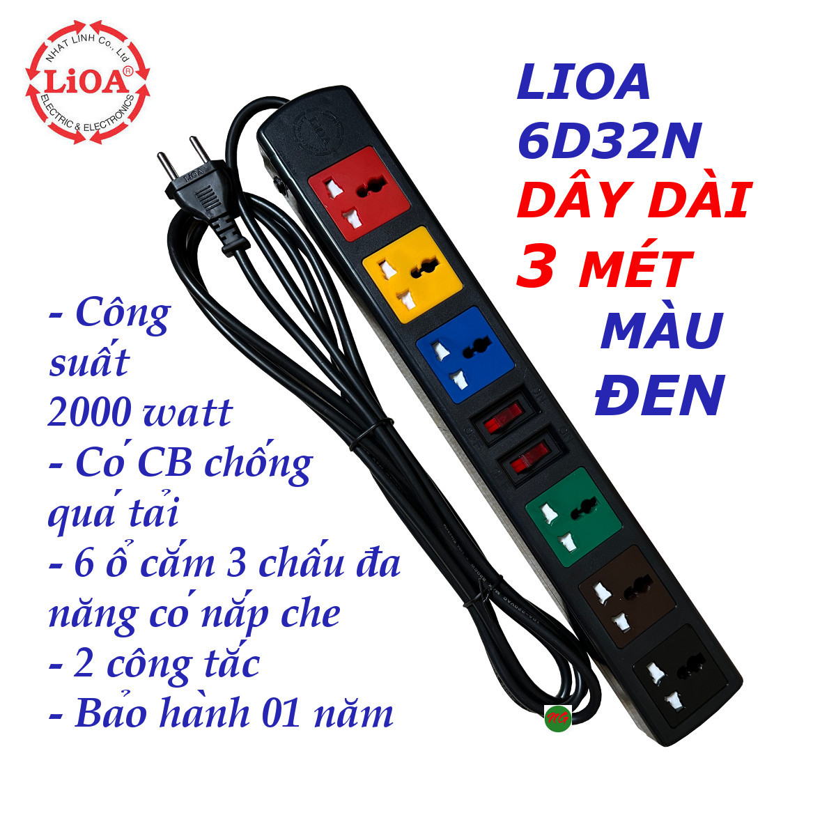 Ổ cắm điện Lioa 6D32 6 lỗ 3 chấu đa năng 2 công tắc dây dài 3 mét công suất 2000 watt