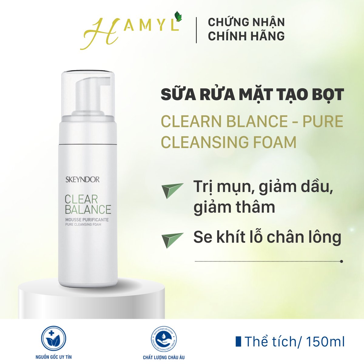 Skeyndor Clear Balance Sữa Rửa Mặt Tạo Bọt Trị Mụn Giảm Dầu Giảm Thâm Se Lỗ Chân Lông Pure Cleansing Foam 150Ml