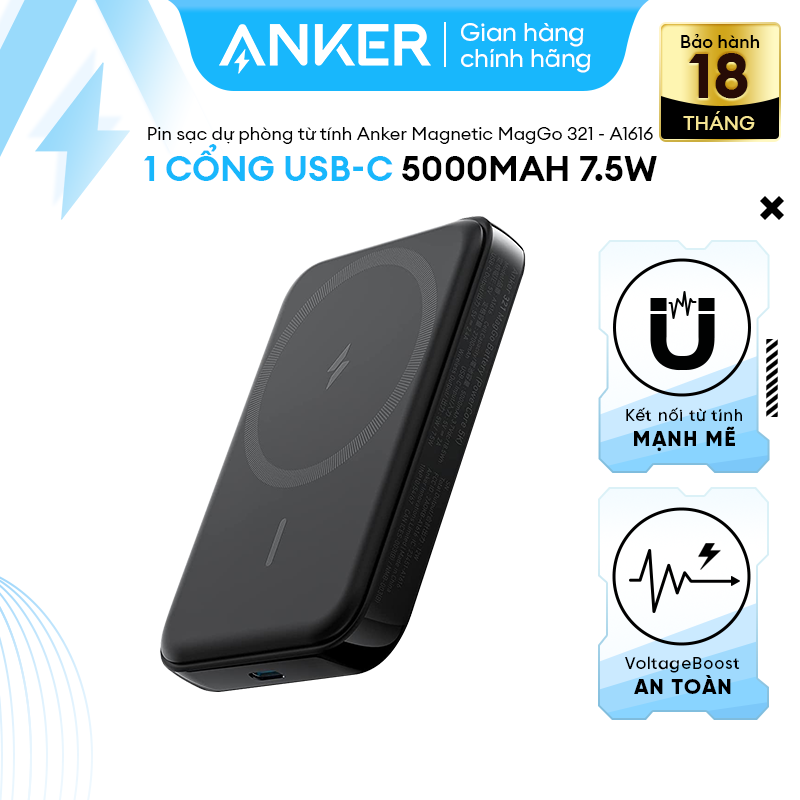 Pin Sạc Dự Phòng Từ Tính ANKER 321 Magnetic MagGo 5000mAh 7.5W - 1 cổng USB-C - A1616