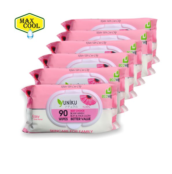 Combo 5 gói khăn ướt cao cấp Yuniku 90 tờ hồng hương phấn baby dịu nhẹ