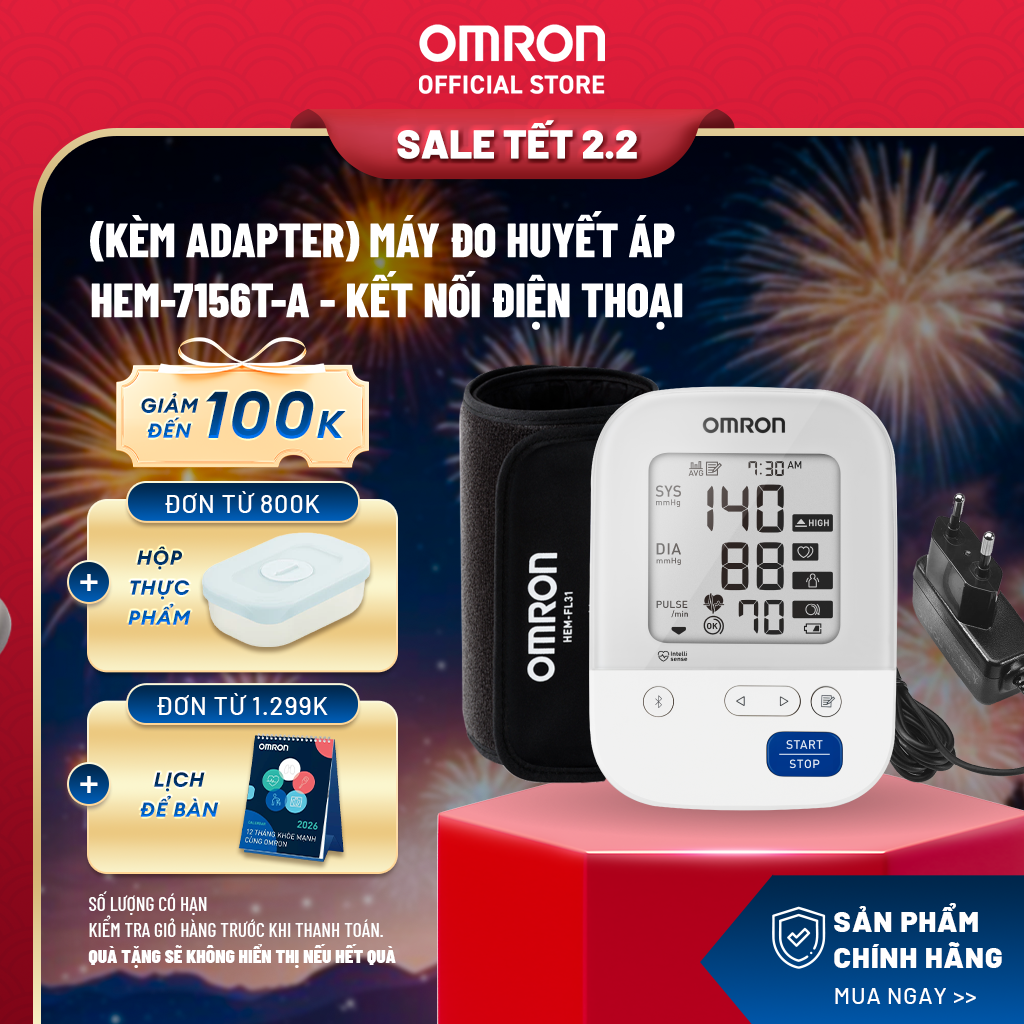 Máy Đo Huyết Áp OMRON HEM-7156T-A Kèm Adapter Chính Hãng - Kết Nối Điện Thoại - IntelliSense