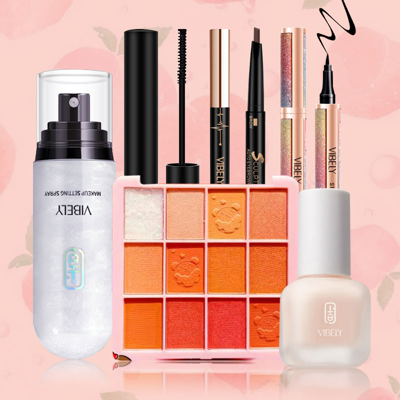 [HCM][Peachy Sis] VIBELY Bộ trang điểm đầy đủ – 6 món（Kem nền dạng lỏng che khuyết điểm +Phấn trang điểm bột/Xịt dưỡng trang điểm+Mascara 3D/Mascara 2D+chì kẻ mày+Kẻ mắt+Bảng phấn mắt 12 màu）