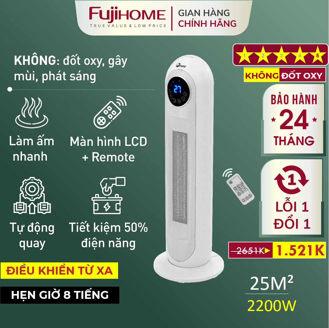 Quạt Sưởi Gốm Ceramic FujiE CH-2300 - 20m², Điều Khiển Từ Xa, Trắng