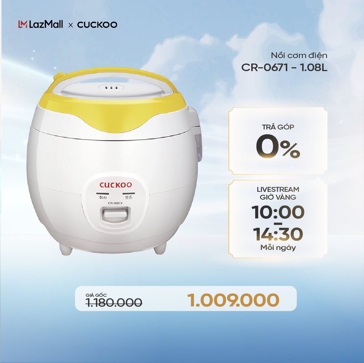 Nồi cơm điện Cuckoo 108 lít CR-0671- màu vàng- bản Quốc tế - Hàng chính hãng