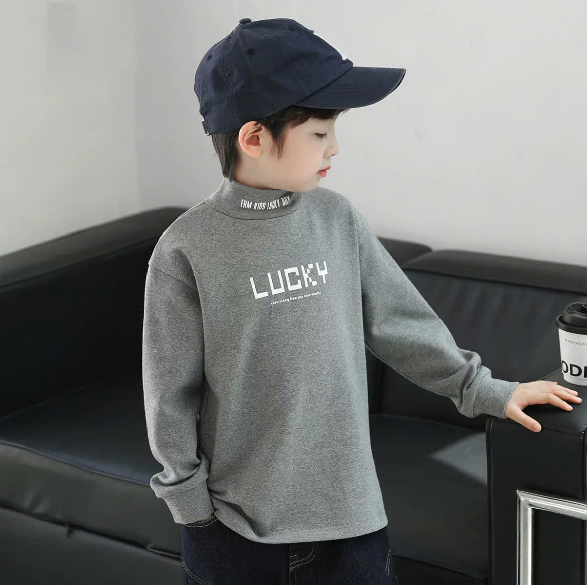 Áo nỉ giữ nhiệt cho bé trai 17-45kg áo dài tay cổ 3 phân cho bé mẫu LUCKY vải giữ ấm tốt hàng may k