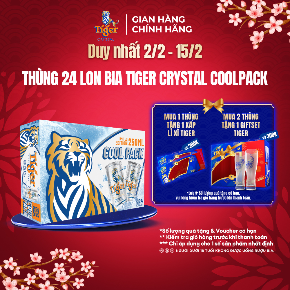 Thùng 24 lon bia Tiger Crystal Coolpack 250ml/lon