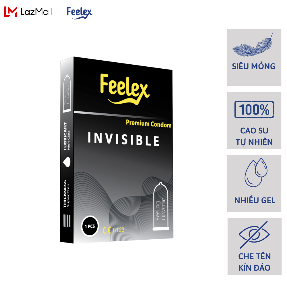 Bao cao su Feelex Invisible siêu mỏng nhiều gel bôi trơn - Hộp 01 chiếc