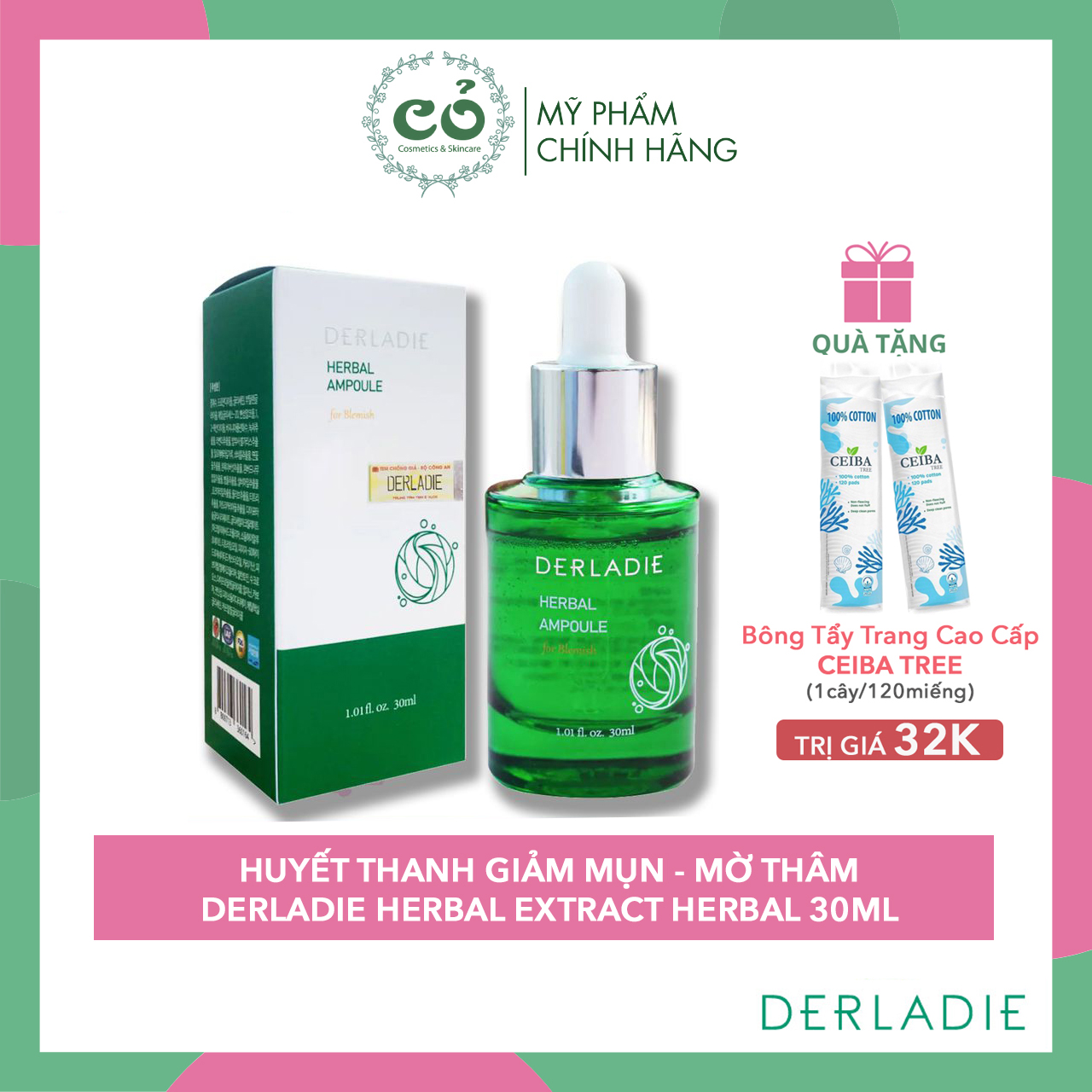 Huyết Thanh Derladie Tràm Trà - Tinh Chất Giảm Mụn Sáng Da Derladie Herbal Ampoule For Blemish - Chai Màu Xanh 30Ml