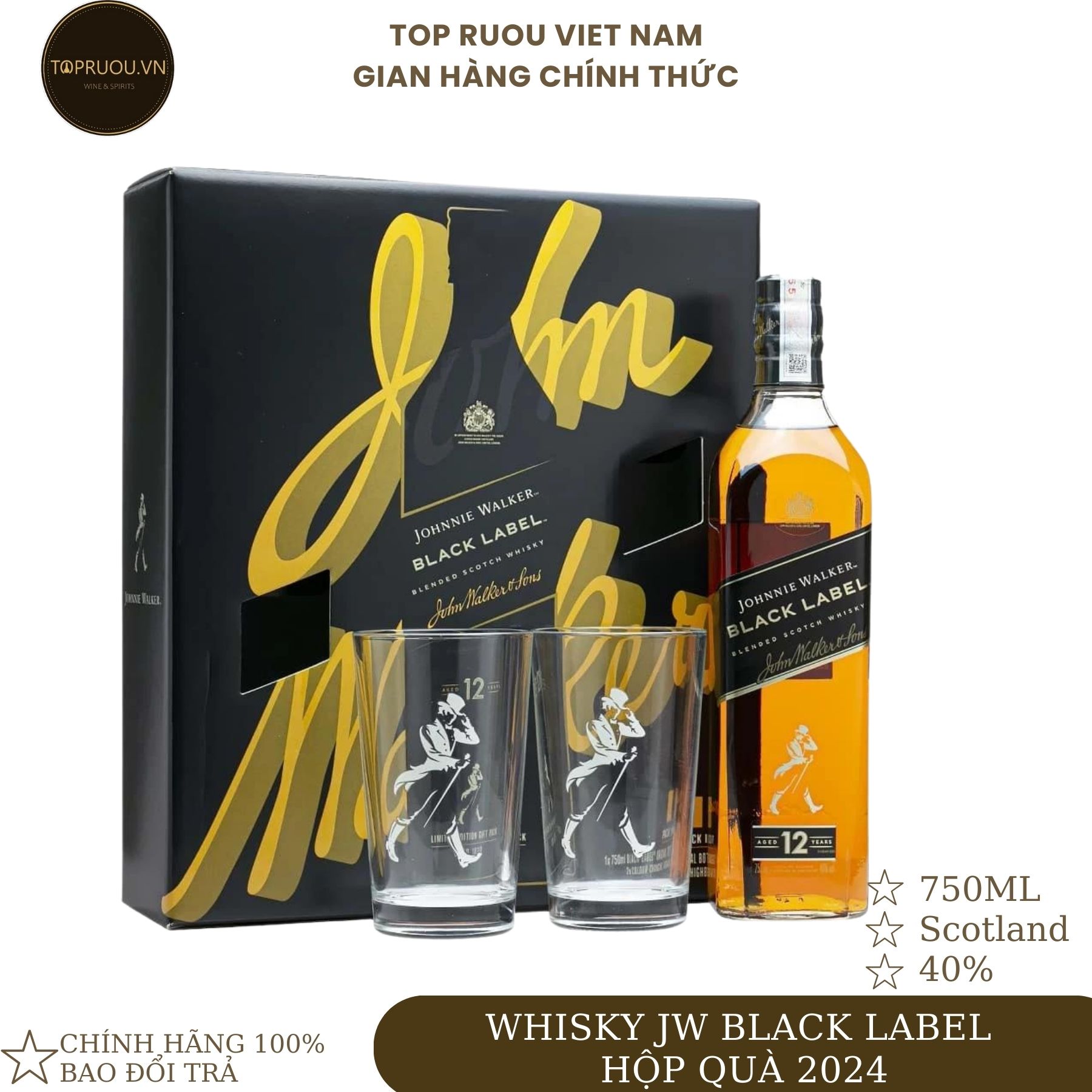 [TopRuouVietNam] Rượu Whisky Johnnie Walker Black Label Hộp Quà F24 [Hàng Thật]