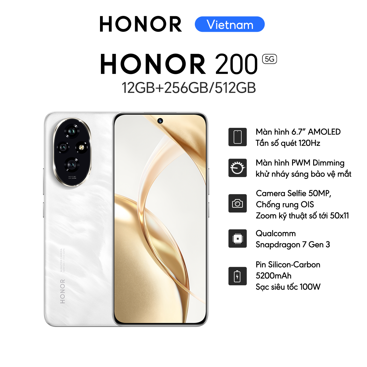 Điện thoại cao cấp Honor 200 5G 12GB + 256/512GB | Bộ 3 AI Camera 50MP | Pin 5200mAh sạc nhanh 100W