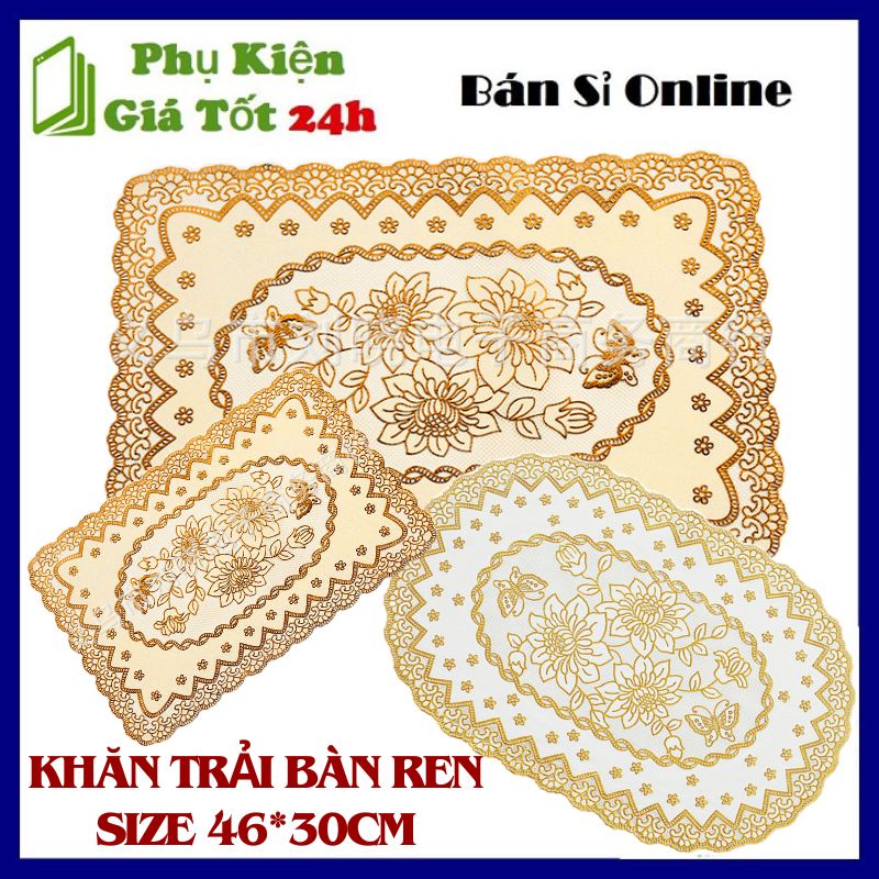 Khăn Trải Bàn Ren Nhũ Vàng Cao Cấp - Khăn Trải Bàn Chống Thấm Nước Dập Nổi Ren Hoa Size 46x30cm - Tấ