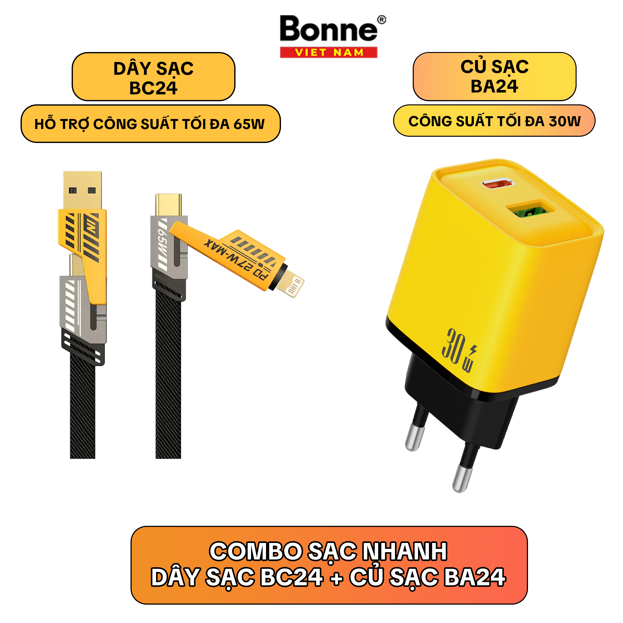 Cáp sạc nhanh BONNE BC24 cáp sạc nhanh điện thoại 4 in 1 by BONNE TECH sạc chống gẫy chính hãng bảo