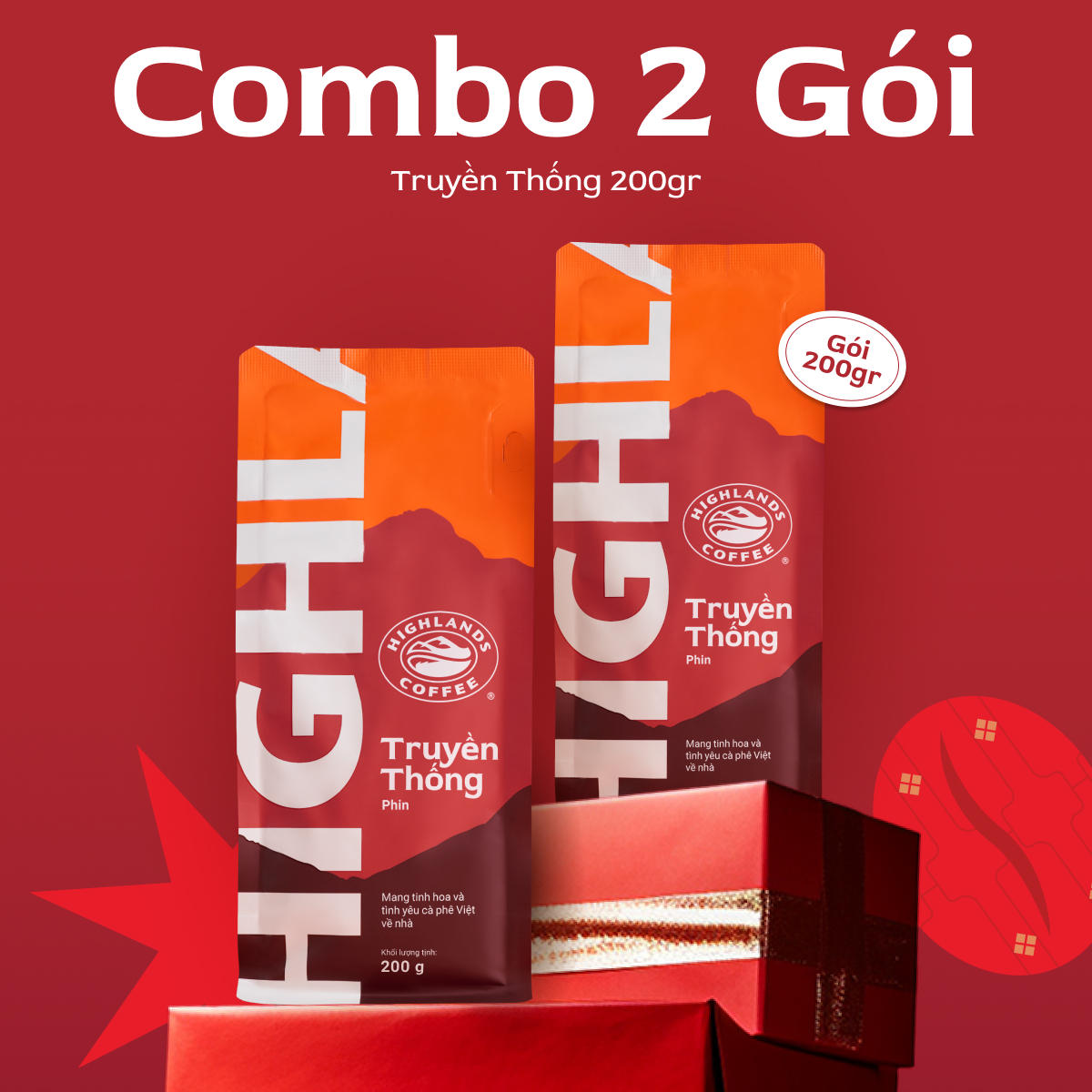 [Tết 2026][DÙNG THỬ GIÁ ƯU ĐÃI] COMBO 2 gói Cà phê rang xay Truyền Thống Highlands Coffee 200g
