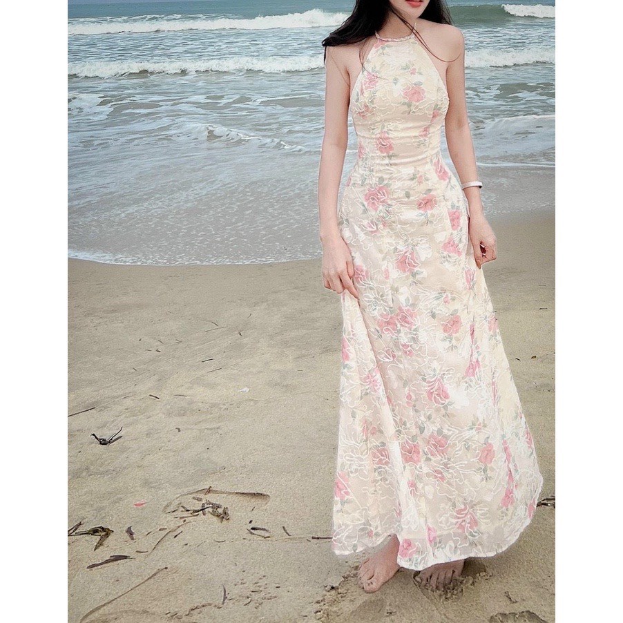 Đầm maxi hoa hồng thêu cổ yếm Freesize đầm maxi đi biển đi tiệc Jennie Clothing - SR195